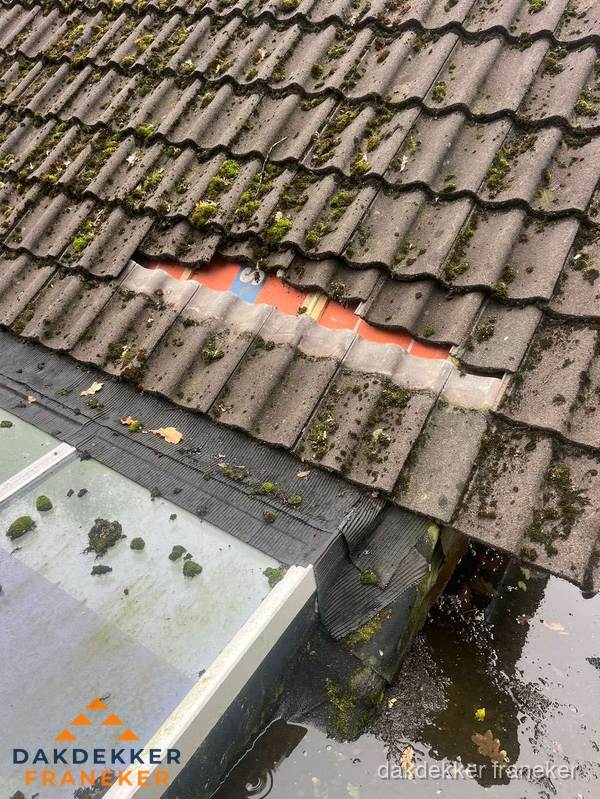 Beschadigd pannendak met ontbrekende dakpannen voor reparatie in Franeker Beschadigd pannendak met ontbrekende dakpannen voor reparatie in Franeker
