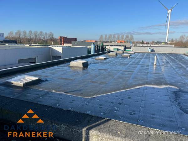 Plat dak bedrijfspand met bitumen dakbedekking en lichtkoepels in Franeker