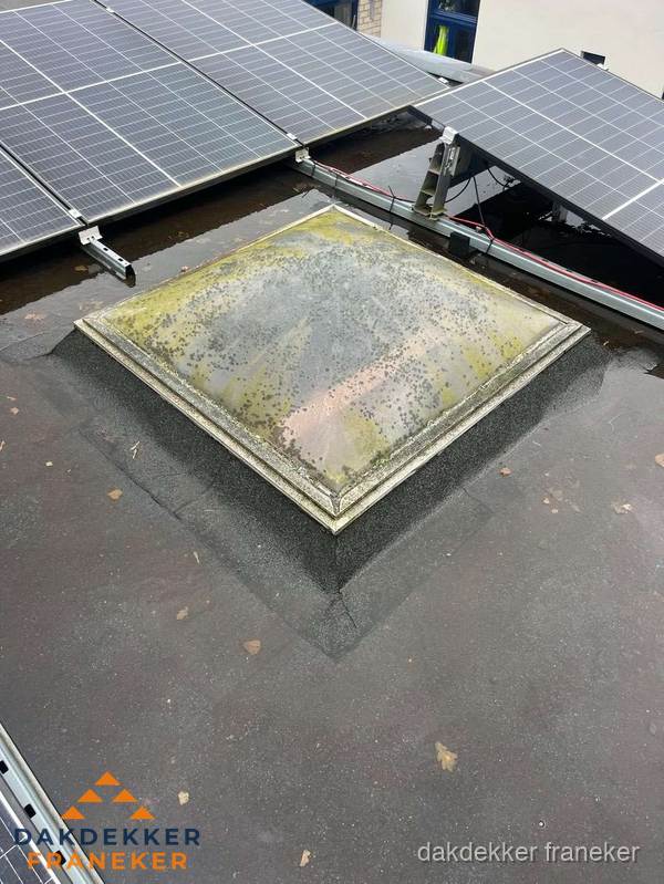 Vervuilde lichtkoepel op plat dak met zonnepanelen in Franeker Vervuilde lichtkoepel op plat dak met zonnepanelen in Franeker